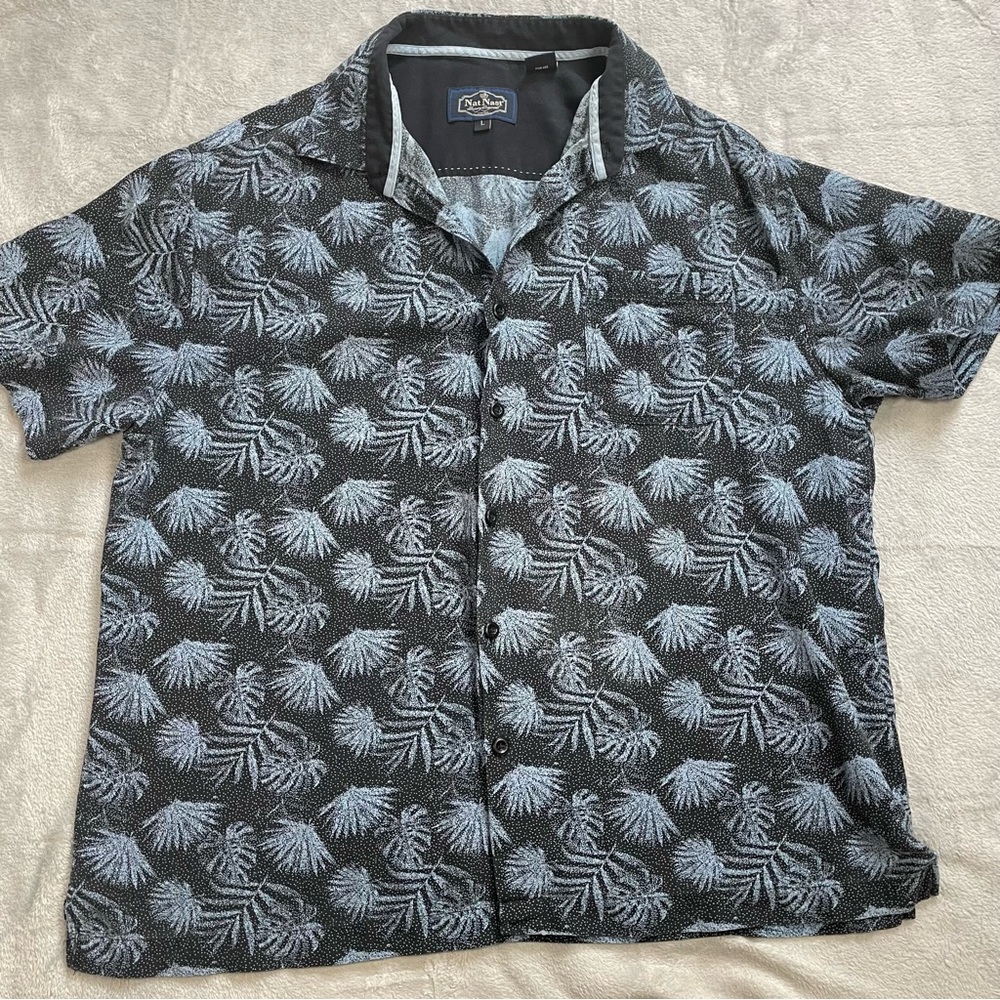 Nat Nast Shirt Large Mens Silk Blend Tropical Hawaiian Palm Print Blue Button Up - Picture 1 of 7